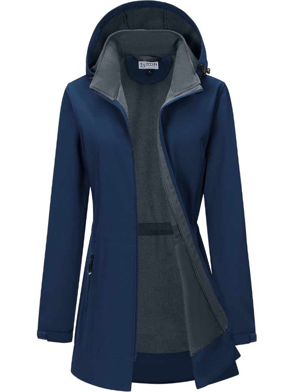 Women's Blue Hooded Fleece Lined Softshell Full Zip Long Waterproof Rain Jacket